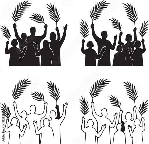 Isolated christian fellowship palm scene icon, christian fellowship palm scene design, christian fellowship palm scene worship silhouette, palm sunday church community celebration branding illustratio