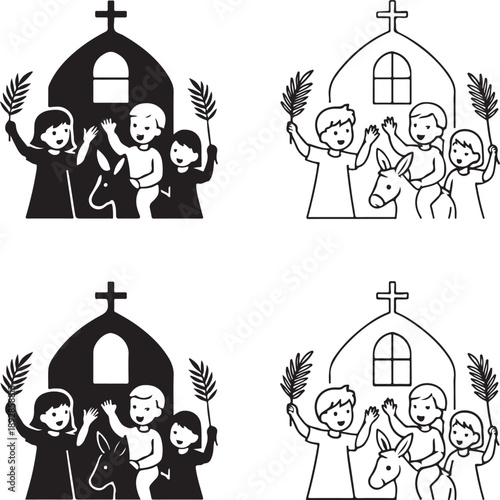 Isolated christian kids palm sunday scene icon, christian kids palm sunday scene, christian kids palm sunday church silhouette, palm sunday faith education branding illustration for children