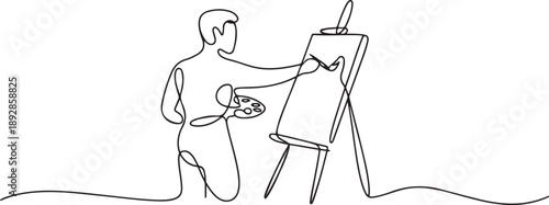 One continuous line drawing of painter artist. A man standing painting an artwork on canvas.one line vector illustration with white background