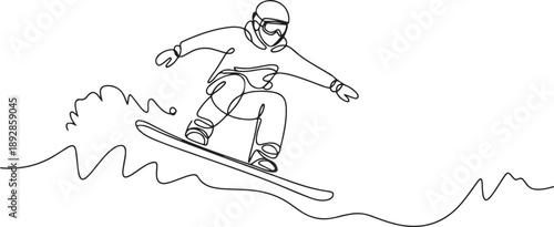 One continuous line drawing of young sporty man snowboarder riding snowboard and jump at alps snowy powder mountain.one line vector illustration with white background