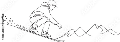 One continuous line drawing of young sporty man snowboarder riding snowboard and jump at alps snowy powder mountain.one line vector illustration with white background
