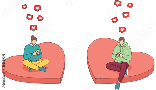 Online Dating Love Illustration Showing Man and Woman Chatting on Smartphones with Heart Icons for Romance, Relationship, and Social Media Design