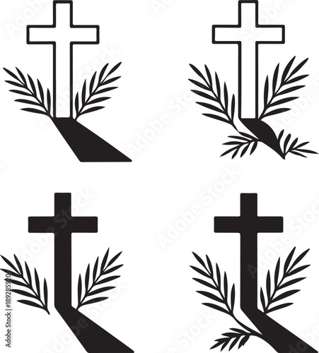 Isolated cross shadow palm leaves icon, cross shadow palm leaves design, cross shadow palm leaves christian spiritual silhouette, palm sunday faith worship branding illustration for church use