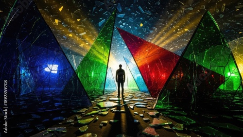 A man stands in a vibrant room with colorful triangular shapes
