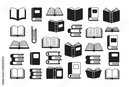 Set of black book icons showing various library collection items with open and closed covers in flat design