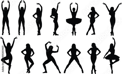 Dance silhouette collection, ballet and contemporary poses, expressive movement, human figure art, choreography reference, performance design, vector illustration, graceful motion