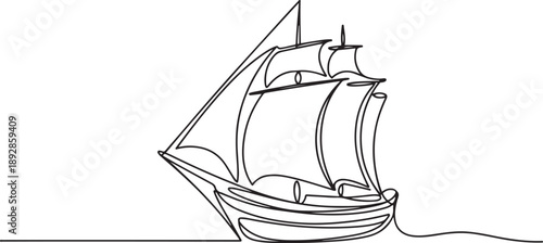 Sailing Ship hand drawn one continuous line drawing vector design.one line vector illustration with white background