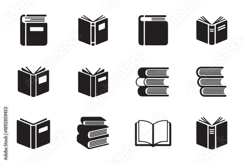 Series of stylized book icons representing reading materials and archives in bold black silhouettes designs