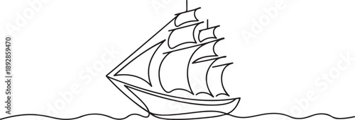 Sailing Ship hand drawn one continuous line drawing vector design.one line vector illustration with white background