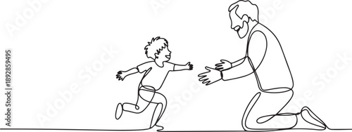 Single continuous line drawing happy little boy running to hug his grandfather.one line vector illustration with white background