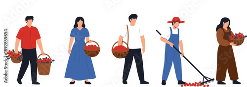 Farm Harvest Illustration Set Showing Men and Women Collecting Fruits and Berries During Seasonal Agricultural Work for Rural and Organic Design