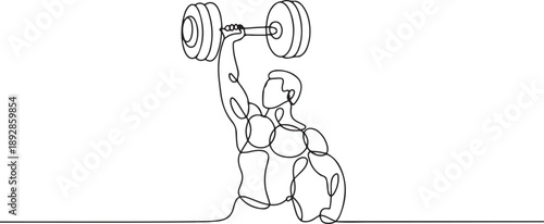 Single continuous line drawing strong people lift large dumbbells with only one hand.one line vector illustration with white background