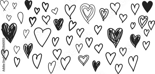 Collection of hand drawn black hearts in various sizes and styles