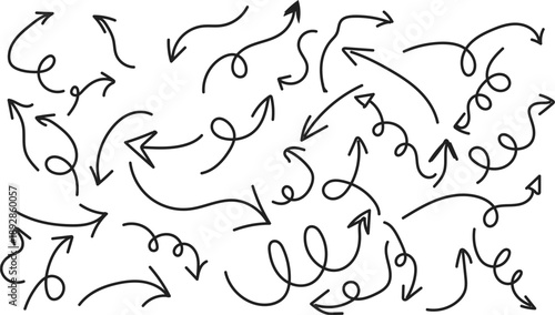 A collection of hand drawn arrows in various directions and styles simple arrows isolated on transparent background. Arrow mark icons. Arrow paint - stock vector.