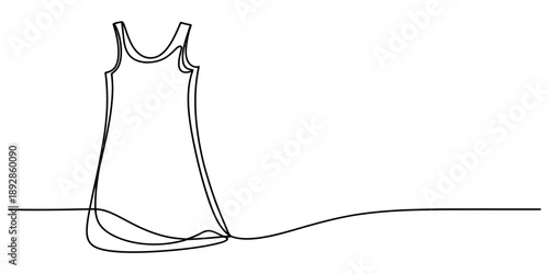 Minimalist continuous line drawing of a women's sleeveless dress flowing across a clean background Vector, illustration