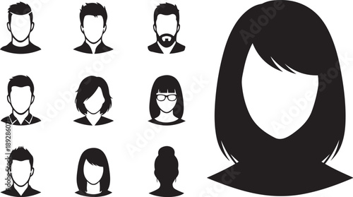 Diverse collection of black silhouette male and female avatar icons