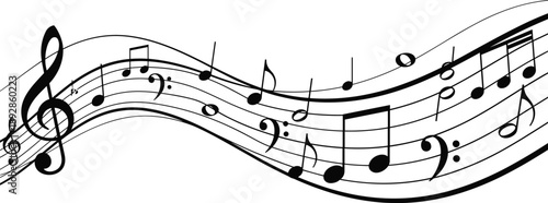 Abstract flowing music notes background featuring treble clef, melodic staff waves, classical harmony and rhythm illustration for audio, sound, art, and creative design projects