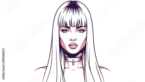 Beautiful woman with long blonde hair and bangs looks directly at the camera in a clean and modern digital line art illustration.