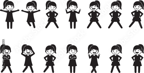 Set of Cheerful Black Stick Figure Girl Poses on White Background child silhouette