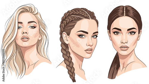 Three portraits of the same woman display different hair styles including loose waves, a French braid, and a simple ponytail.