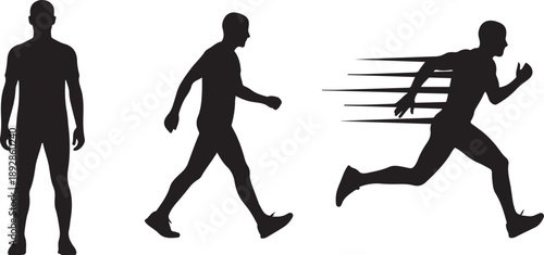 Silhouette of a man standing walking and running on white background Keywords: silhouette, man