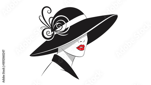 Silhouette of a sophisticated woman wearing an elegant black wide brimmed hat with red lipstick shown in a high fashion style.