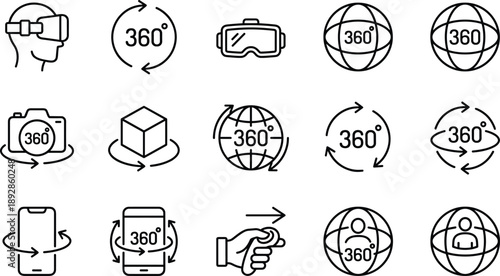360 degree virtual reality and immersive media line icons set featuring VR headset, rotation, panoramic view, interactive navigation, and digital experience symbols