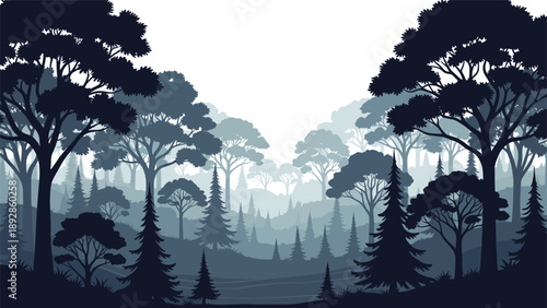 Dense forest landscape is illustrated with layers of tree silhouettes in different shades of blue and grey to create depth.