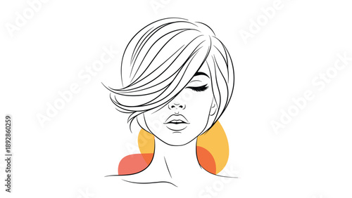 Woman with a stylish short bob haircut is rendered in black and white line art with colorful abstract shapes behind her head.