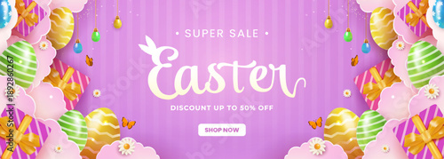 Super Sale Easter Banner Design with Colorful Eggs and Gifts