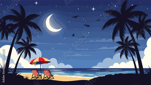 Tropical beach at night shows two beach chairs under a sun umbrella with palm trees under a crescent moon and starry sky.