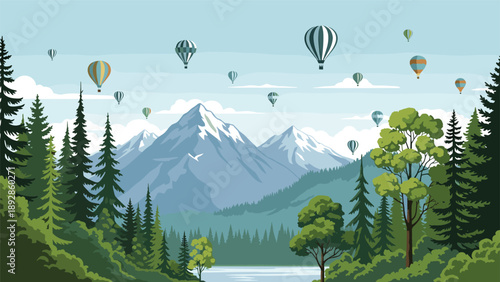 Beautiful mountain valley landscape is filled with colorful hot air balloons floating over a lush green forest and a river.