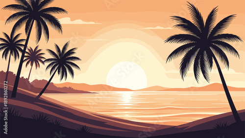 Tropical island landscape at sunset features dark palm tree silhouettes against a warm orange sky with the sun over the ocean.