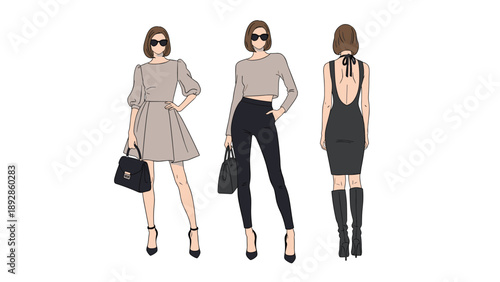 Three fashion illustrations of a woman show different stylish outfits including a mini dress, cropped top, and an open back.