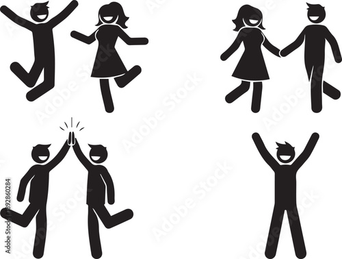 Stick figure people icons showing joy celebration and togetherness on white Keywords: stick figure