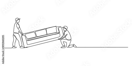 Moving and delivery service concept with two men carrying a sofa in continuous line art style Vector, illustration