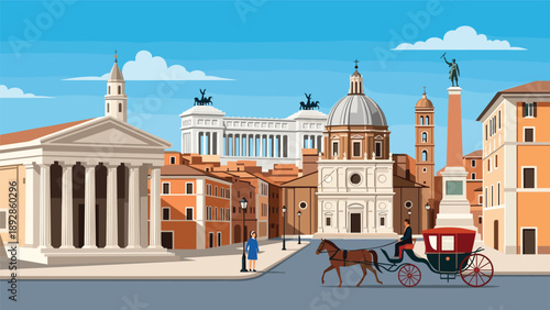Historic square in Rome features classical Italian architecture with a church, ancient ruins, and a traditional horse carriage.