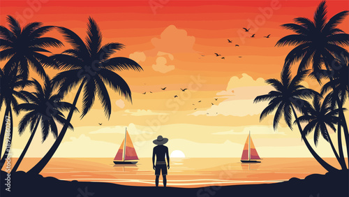 Man stands on a sandy beach at sunset looking out at sailboats on the ocean with palm trees framing the scenic tropical view.
