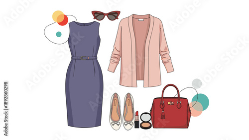 Collection of woman fashion items including a blue dress, pink cardigan, red handbag, and patterned flats is shown as a set.