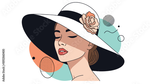 Elegant female profile illustration featuring a woman wearing a wide brimmed sun hat with a decorative flower and closed eyes.