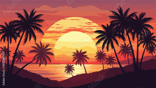 Breathtaking tropical sunset pixel art landscape with many palm tree silhouettes and a massive glowing sun disk over the calm ocean waters.