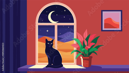 Black cat sits on a windowsill and gazes at the crescent moon and stars over a desert landscape with mountains during the night.