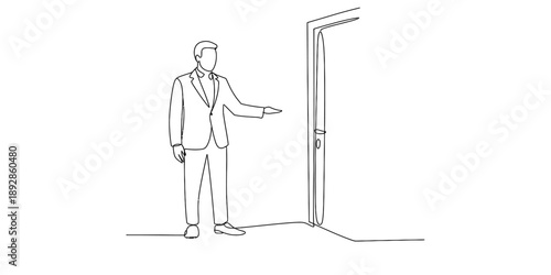Businessman gesturing towards an open door, created with a single continuous line Vector, illustration