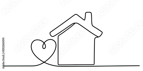 A minimalist single continuous line drawing illustrating a house and a connected heart symbol Vector, illustration
