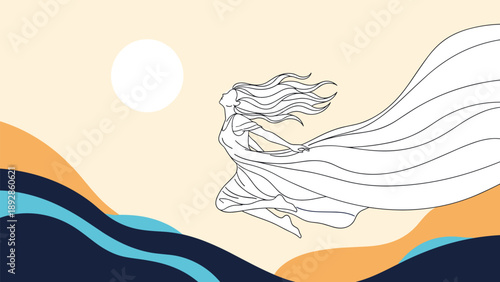 Ethereal woman in a flowing white dress flying through a landscape with a bright sun and abstract rolling hills.
