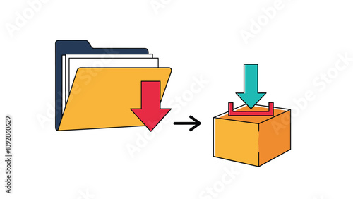 Data transfer concept showing a file folder with a red arrow pointing to a box with a teal arrow.