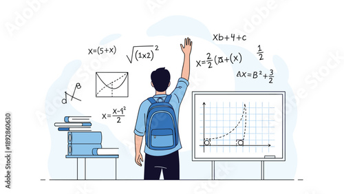 Male student with a backpack raising his hand in class to answer math questions on a whiteboard with charts.