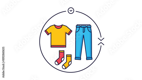 Laundry and clothing care concept with t-shirt, jeans, and socks icons arranged in a circular process diagram.