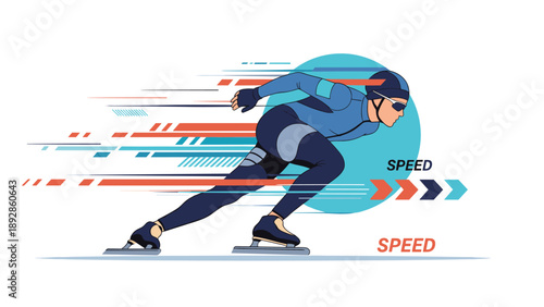 Professional speed skater in a blue suit moving fast with dynamic motion lines and orange arrows for athletic speed.