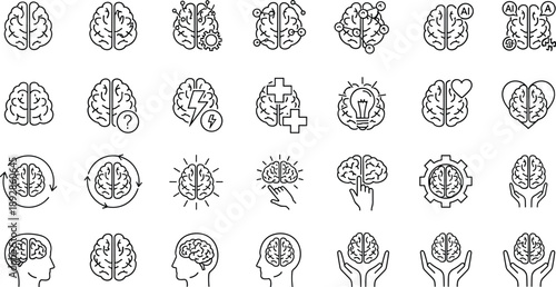 Brain and artificial intelligence icon set illustrating neuroscience, cognition, mental health, creativity, learning, neural networks, and innovation in outline style for technology and design.